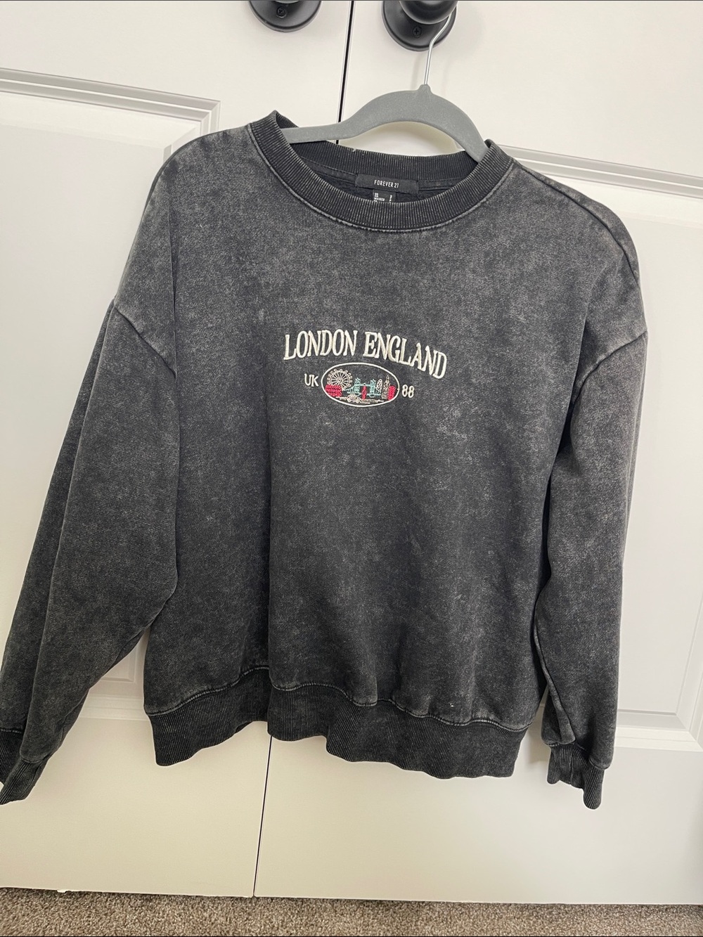 Forever 21 Black Mineral-Wash Crewneck Sweater with London England Embroidery